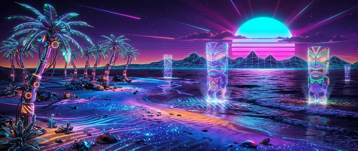 Neon-drenched tropical beach with holographic Tiki statues